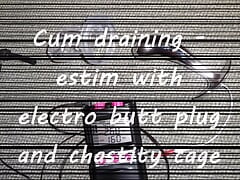 Cum draining - estim with electro butt plug and chastity cage
