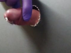 Glory hole wank circumcised cut cumshot gloves