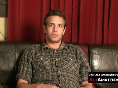 Inked handsome guy whips his big dick out and jerks it off