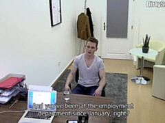 Twink cums in a glass during a casting