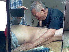 senior asian grandpa deep-throating cock