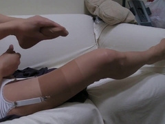 Stilettos, G-String, Beige Ff Pantyhose And Triple Jizz