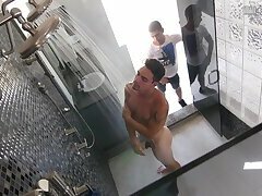 While showering, hot straight jock gets creeped on by slutty bottom and winds up getting his uncut d