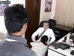 Business DILF barebacks Asian twinks in office 3some
