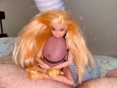 Cum-covered sex doll tied up and jerked off on Barbie