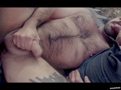 Muscular men Ryan Bones, Teddy Torres, and Markus Kage unleash fountains of cum outdoors