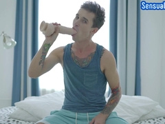 VOLUPTUOUS FAGGOT - Tattooed twunk plumbing his own bootie after frolicking with fuck stick