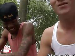 J.R. bounces on cock during interracial threesome