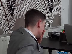 Skinny twink and his boss suck off each other in the office