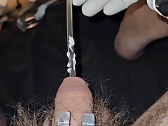 Inserting a catheter into the penis while wearing surgical gloves