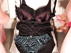 Two Perverts Cum On My Gfs Satin Bra and Knickers