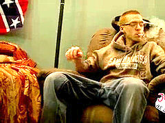 Nerdy dude with glasses tugging off his act hungering cock