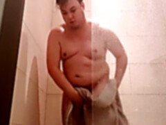 thick gainer fellow taking a bathroom with some belly play