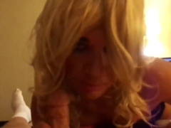 Trashy blonde crossdresser sucks two cocks