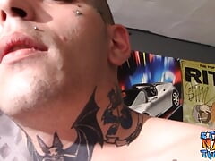 Straight tattooed thug Drac cums while tugging big cock