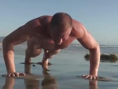 Gay guy with muscles jerks his meat at home and on the beach