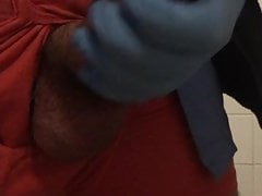 Latex rubber glove wanking hard cock with juicy cum shot