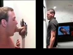 Hot stud gets his jizzster sucked through gloryhole by horny gay