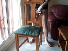 John is taking a big piss on the diningroom chair