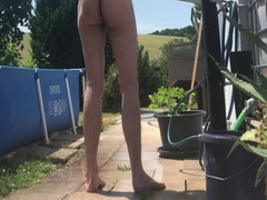 furry tall twunk showering outside with his semi rock-hard jizz-shotgun