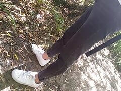 Jon Arteen shows his dick, pisses pee outdoor, puts his white sneakers in mud  Asian boy sticks out his cock, pees outside, walk