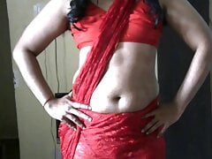 Krithi Sexy Belly Tease in Red Saree, Ass Shake in Close Up, Sexy Boobs & Nipples, Hot Strip Tease #IndianCrossDresser