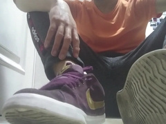 Crimson Nike Sneakers, Socks and nine.five Naked Soles after Running