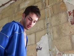 Sport jocks have gay outdoor sex in abandoned building