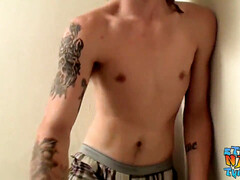 Bearded thug drains his manstick and pops while standing up