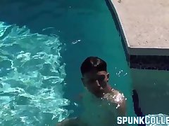 Hairy young man jerks off his big wet cock poolside