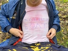 Cute twink smokes while enjoying a risky outdoor handjob and blowjob