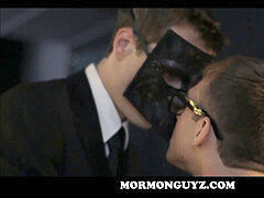 Nerdy Mormon lad well-lubed Up By Church Members In Masks Oral