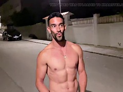 Hot fitness guy walking naked in public at night