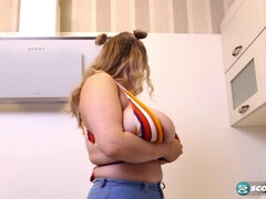 Blonde with glasses and big tits takes a hot shower and gets dirty in the kitchen