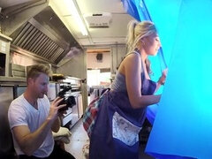 A blonde is in the mobile kitchen, getting fucked really hard