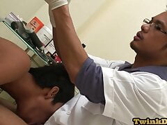Peeing Asia twink sucks off medic before bareback sex