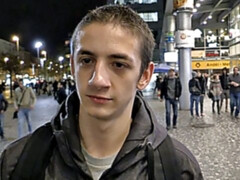 Tired-looking twink boy gets to cum on a hard cock