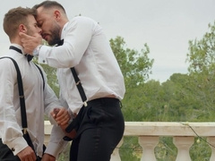 Horny men in suits pull out their dicks for a mutual moment in outdoor