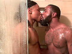 Gay threesome, gay kissing, public