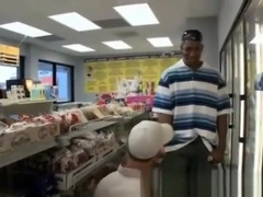 White dude give black guy with big cock a blowjob in public