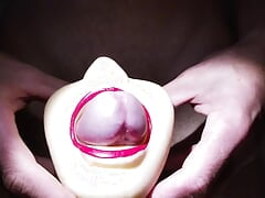 Reverse Blowjob with this mounth sex toys, a lot o cum close up