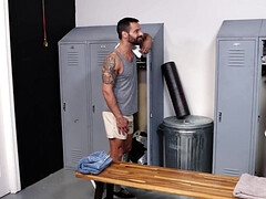 Tattooed lad is getting licked and banged in the locker room