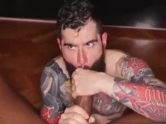 Steaming tatted stud being cracked into by a humungous man