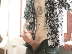 Edging Myself at the Window - Noisy Yelling Climax with Large Cum shot