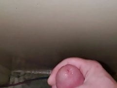 Cuckold cums on bathroom door listening to wife fuck
