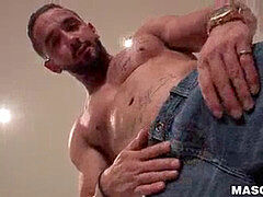 Bearded muscled faggot Zack Lemec masturbates fat cock solo