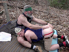 Daddy bear Will Angell fucks Scott Ryder deep in the forest