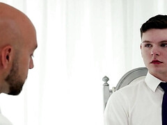 Bald pervert is fingering and examining the twink lad