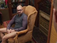 Needy twink jerks his professor's huge cock for better grades