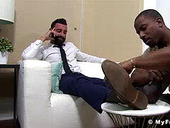 Bearded gentlemans feet licked and toes sucked by ebony fag